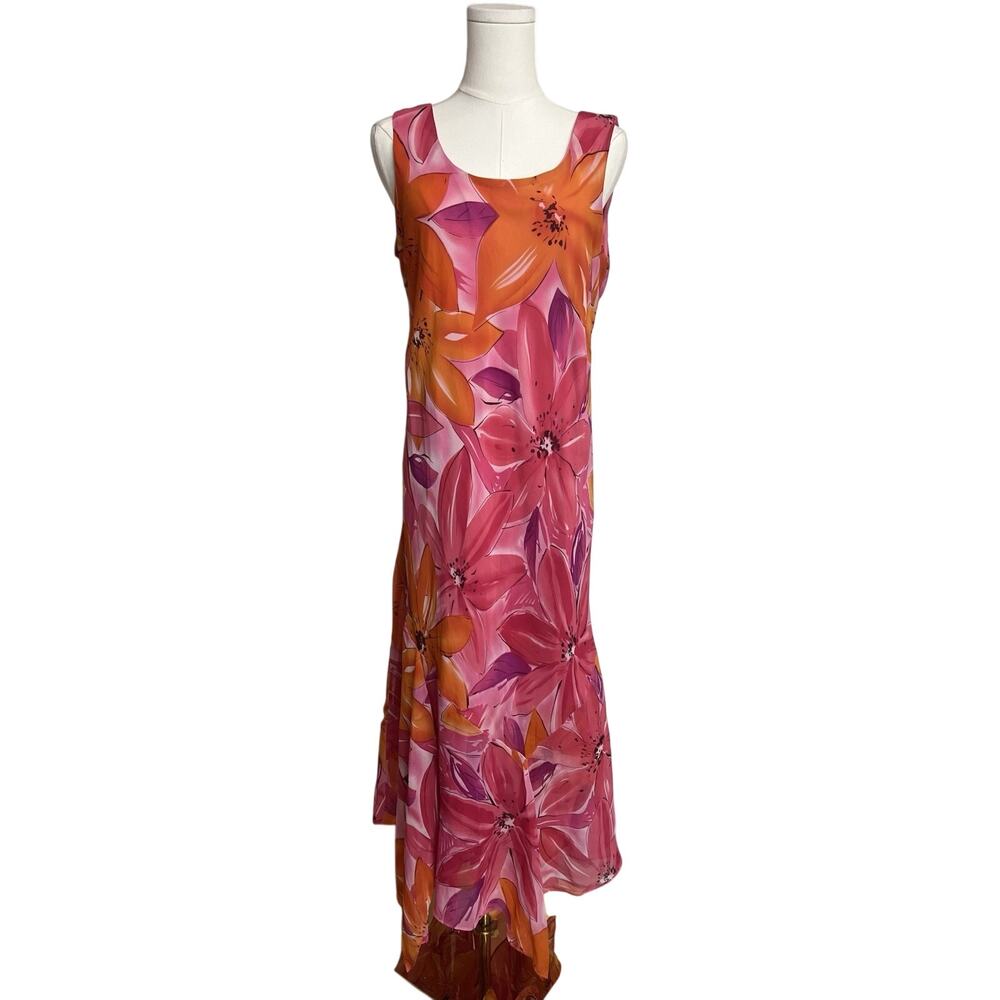 Vintage Y2K‎ Floral Maxi Dress Pink Orange Tropical Bold Flower Print Size 10